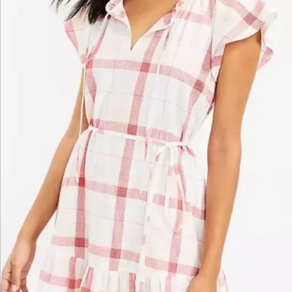 Loft Plaid Flutter Tie Neck Dress